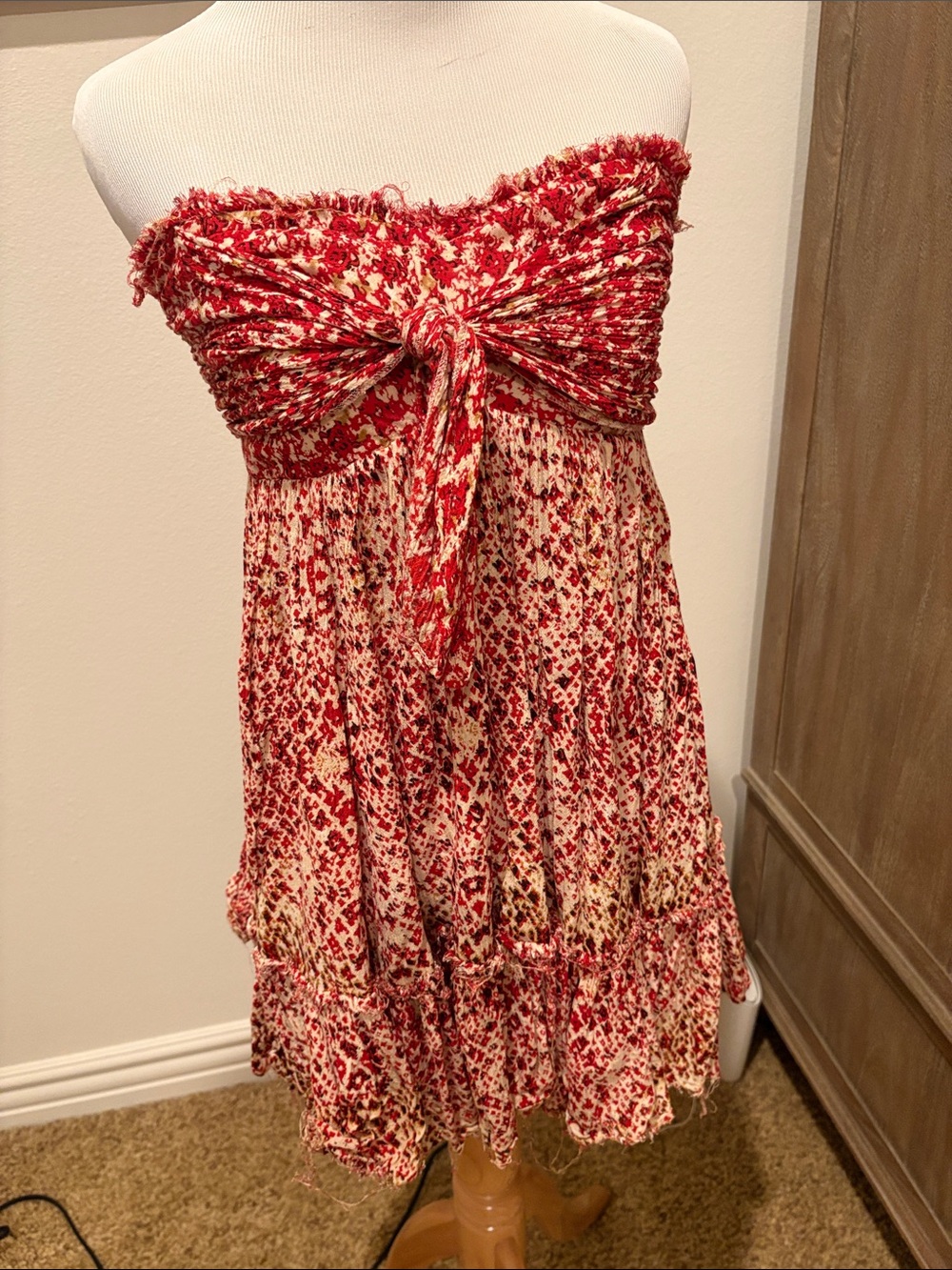 Free People Red and Cream Strapless Tie-Front Mini Dress